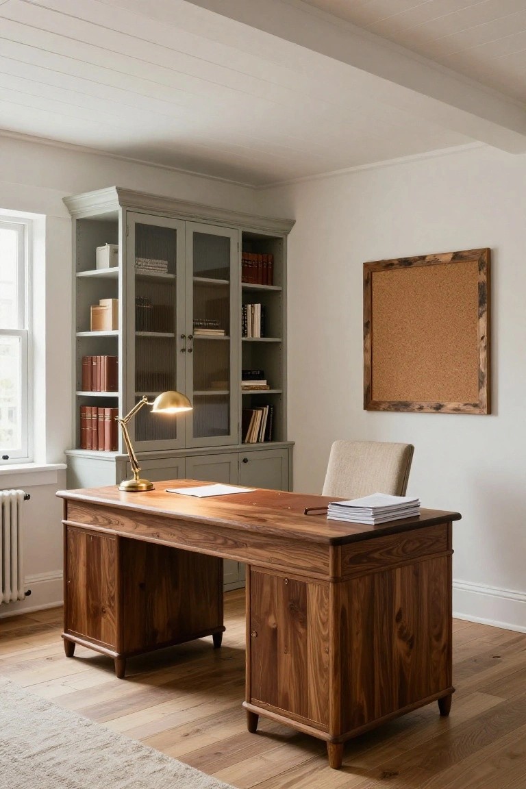 A home office with a large polished walnut wood desk, adjustable brass desk lamp, light gray glazed bookcase with books and boxes, upholstered beige chair, and square cork bulletin board in a framed wood edge on white walls above light wood floors.