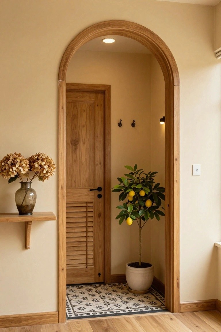 Beige hallway with wood floors and an arched oak wood doorframe around an open oak louvered door, potted lemon tree inside the archway, hydrangea bouquet on a wood shelf, wall light, coat hooks, and tiled entry mat.
