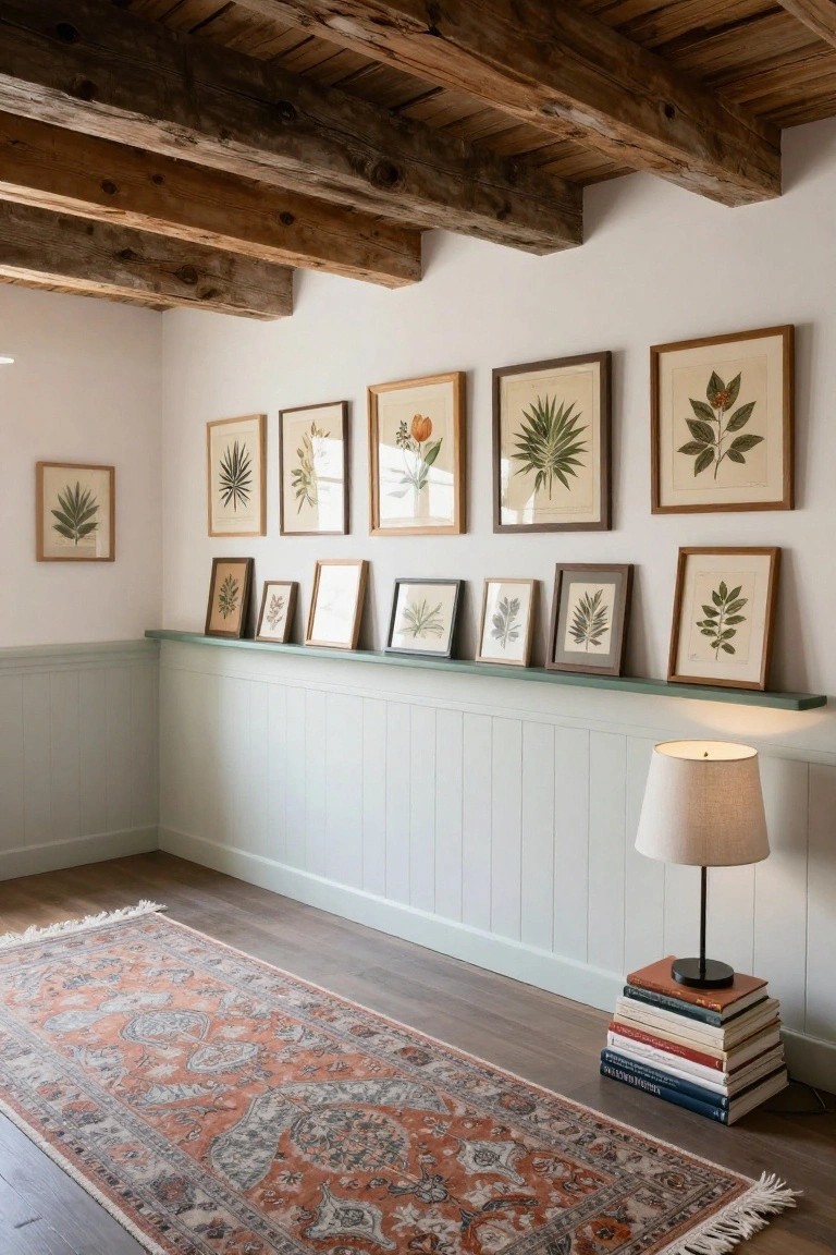 Hallway corner with exposed wooden ceiling beams, white walls and pale green wainscoting, multiple framed botanical prints arranged on walls and green shelf, table lamp with stacked books, and orange patterned rug on wood floor.