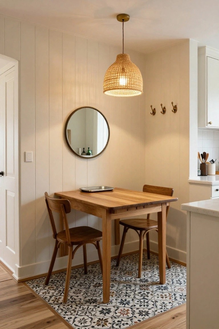 Small rectangular wooden table with two wooden chairs tucked into a corner of a room with white shiplap walls, rattan pendant light overhead, round mirror on the wall, coat hooks, and a patterned rug on the floor.