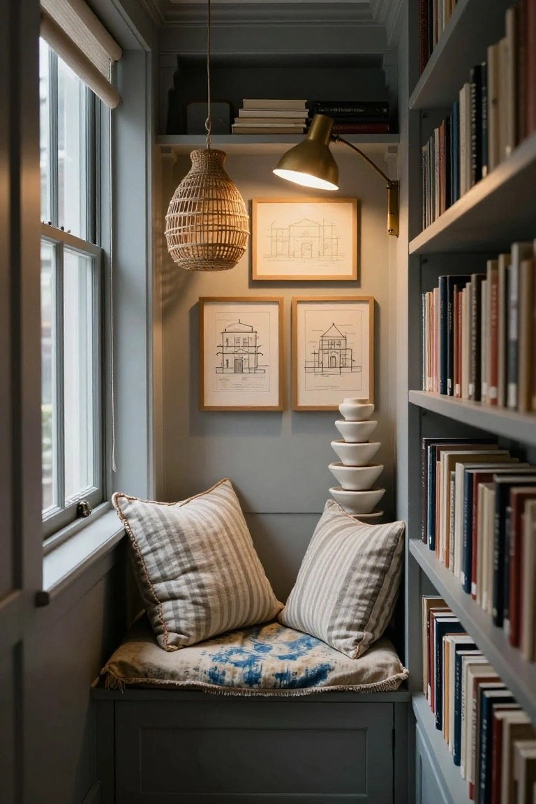 Narrow indoor hallway nook with built-in cushioned bench under a double-hung window, surrounded by dark gray bookshelves filled with books, striped and blue pillows on the seat, three framed architectural line drawings on walls, stacked white ceramic bowls, woven pendant light, adjustable brass lamp, and rolled shade on window.