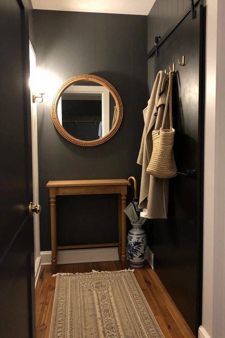 Narrow hallway with dark gray shiplap walls, wood console table holding blue and white vase, gold round rattan mirror, brass wall sconce, coat rack with beige coat and straw bag, umbrella, and patterned rug on hardwood floors.