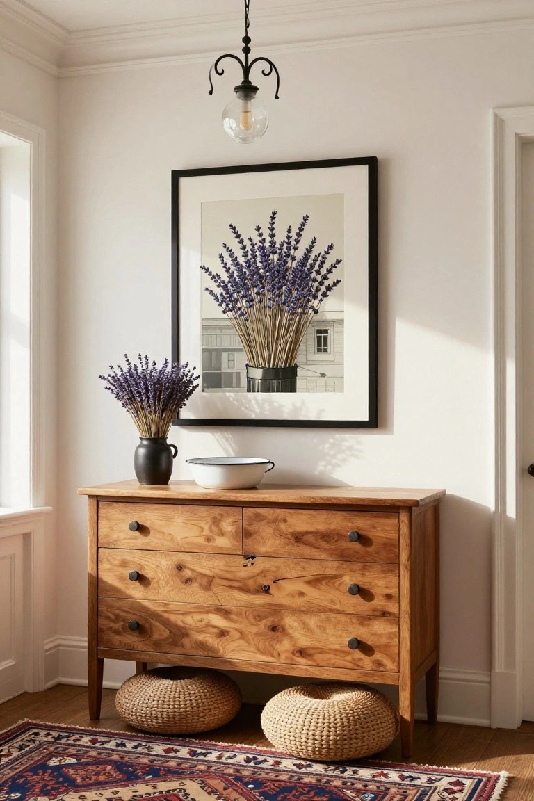 White-walled hallway corner with a four-drawer wooden dresser topped by a black vase of dried lavender stems and a white bowl, large framed artwork of lavender above, two woven basket stools underneath, pendant light overhead, and Persian rug on wood floor.