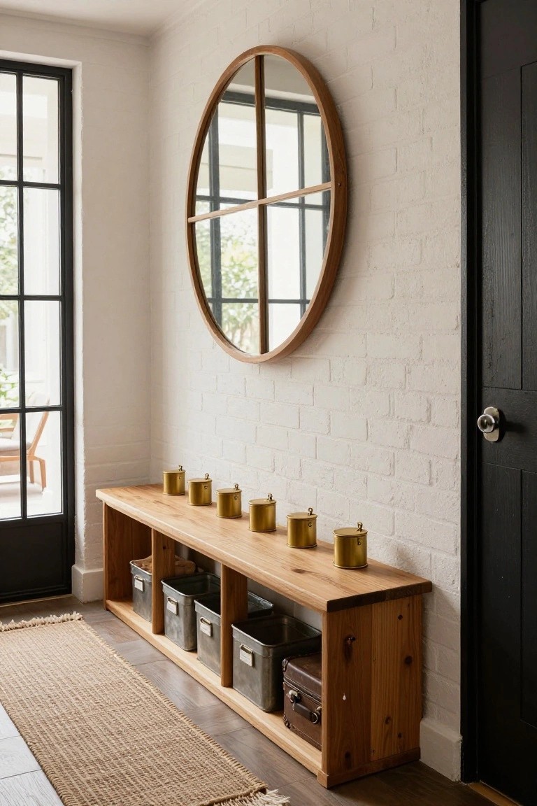 Hallway with white brick walls, wooden bench featuring storage cubbies with metal baskets and a leather suitcase below, brass candle holders on top, large round wood-framed mirror, black door, and seagrass rug on wood floor.