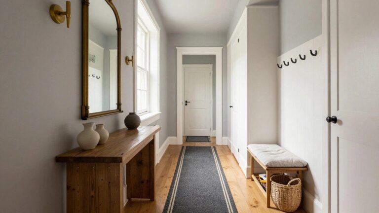 21 Gorgeous Modern Farmhouse Interior Design Hallway Ideas That Add Charm Long narrow interior hallway with white paneled walls, gray sloped ceiling, antique gold mirror with black hooks on one wall, wooden console table with two ceramic vases, opposite side has wooden bench with shoe shelf and basket, gray runner rug on light wood floors, three windows along the far wall.
