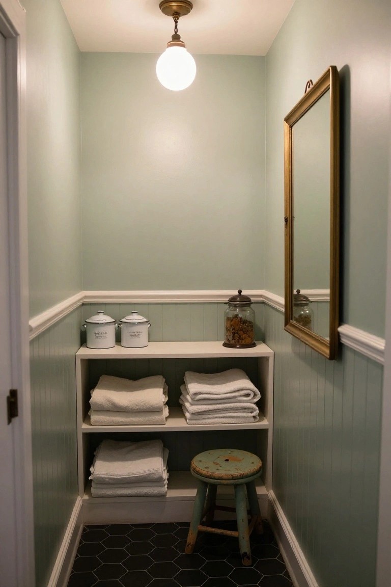 Narrow interior hallway with pale green wainscoted walls, open white wooden shelving unit holding folded white towels, white enamel canisters, and a glass jar, gold-framed mirror on wall, turquoise painted wooden stool, black hexagon tile floor, and white globe pendant light overhead.