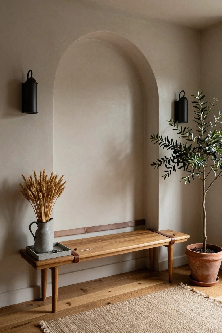 Beige arched wall niche containing a wooden bench with leather straps, a galvanized pitcher holding wheat stalks on a tray, flanked by black sconces and an olive tree in a terracotta pot on oak flooring with a seagrass rug.
