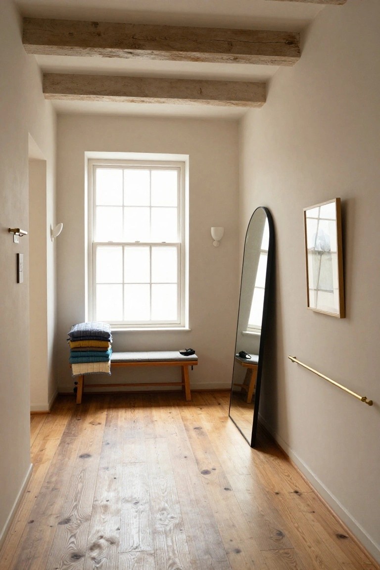 Hallway interior with exposed wooden beams on the ceiling, light beige walls, a wooden bench with stacked colorful folded blankets and a phone on it, tall arched black mirror, wall light sconces, window with natural light, wooden floors, and framed artwork.