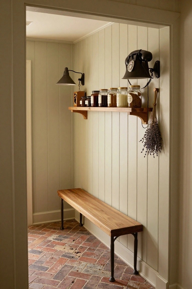 Narrow indoor hallway with light shiplap walls, wooden bench on black iron legs, open wooden shelf holding glass jars and boxes, vintage black phone on wall, bundle of dried lavender, and brick floor.