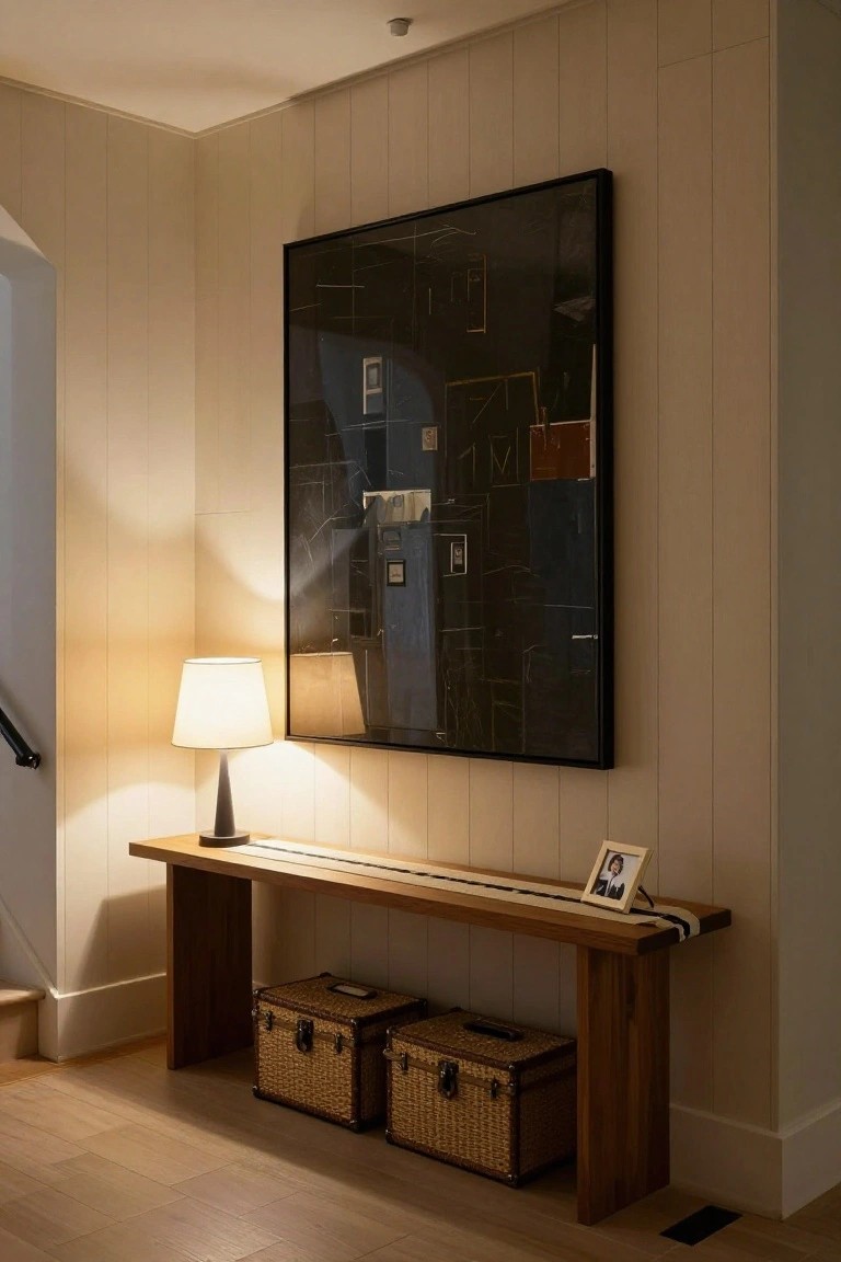 Hallway corner with light wood paneled walls, large black-framed abstract painting, wooden bench holding a lamp and small photo frame, two woven storage baskets underneath, and stairs nearby.