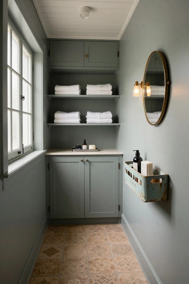 Narrow interior hallway with sage green built-in cabinets, open shelves holding stacked white towels, countertop with bottles and soap dish, round brass mirror with wall lights, window on one side, and patterned tile floor.