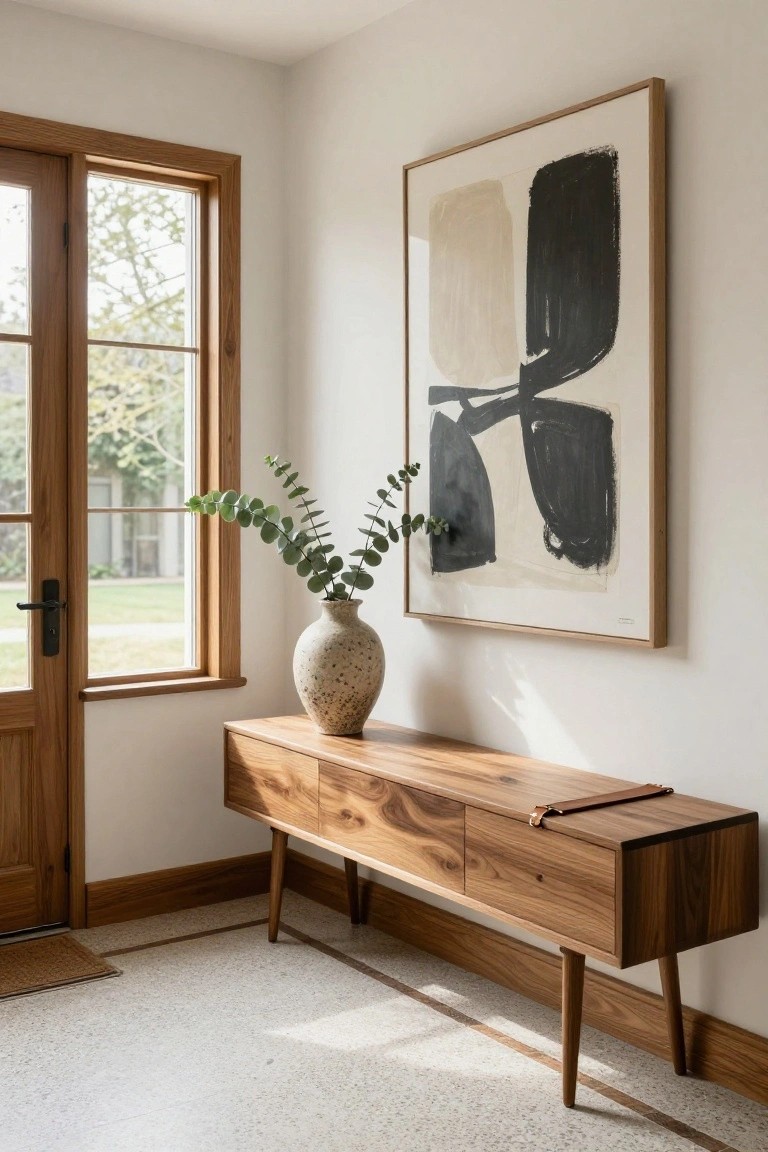 Hallway with wooden console table topped by a terracotta vase of eucalyptus branches, large abstract black and white painting on white wall, window and wooden door nearby, and terrazzo floor.