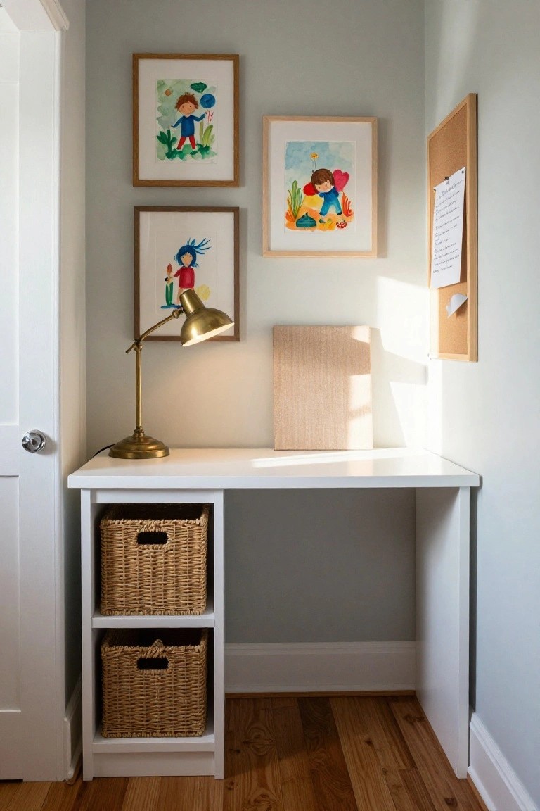 Small white desk in a light gray hallway corner with two levels of wicker baskets in cubbies below, brass desk lamp, colorful framed artwork on walls, cork bulletin board, and beige board leaning on wall.