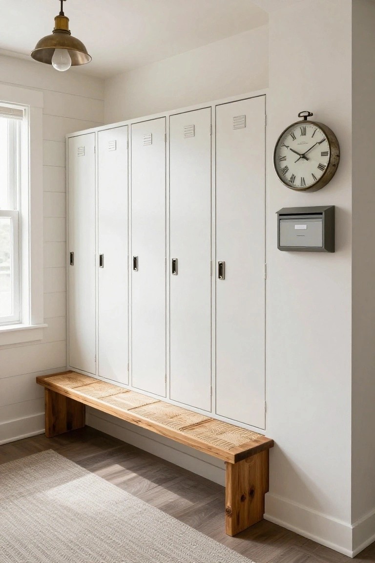 White metal lockers mounted on a white shiplap wall in a hallway or mudroom, with a wooden bench below, brass pendant light overhead, wall clock, mail slot, and window.