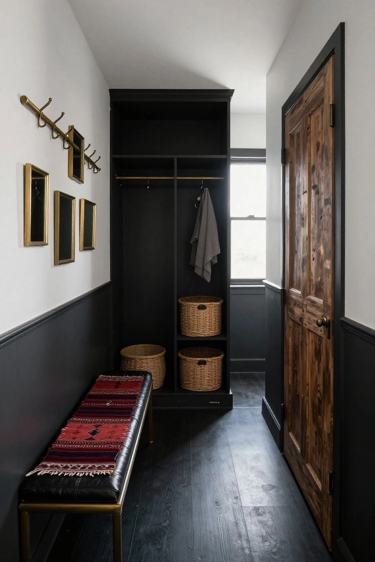 Narrow interior hallway featuring black built-in cabinets with hanging rods, hooks, wicker baskets on shelves, a black leather bench topped with a red and black woven rug, gold-framed mirrors, and a dark wood door at the end.