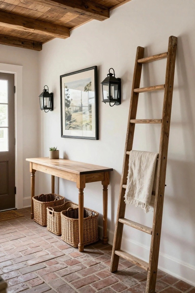 Entryway hallway featuring exposed wooden ceiling beams, white walls, a wooden console table with woven baskets and a potted succulent, black-framed landscape art, black lantern wall sconces, a front door, brick flooring, and a tall wooden ladder leaning on the wall with a white linen towel draped over the rungs.