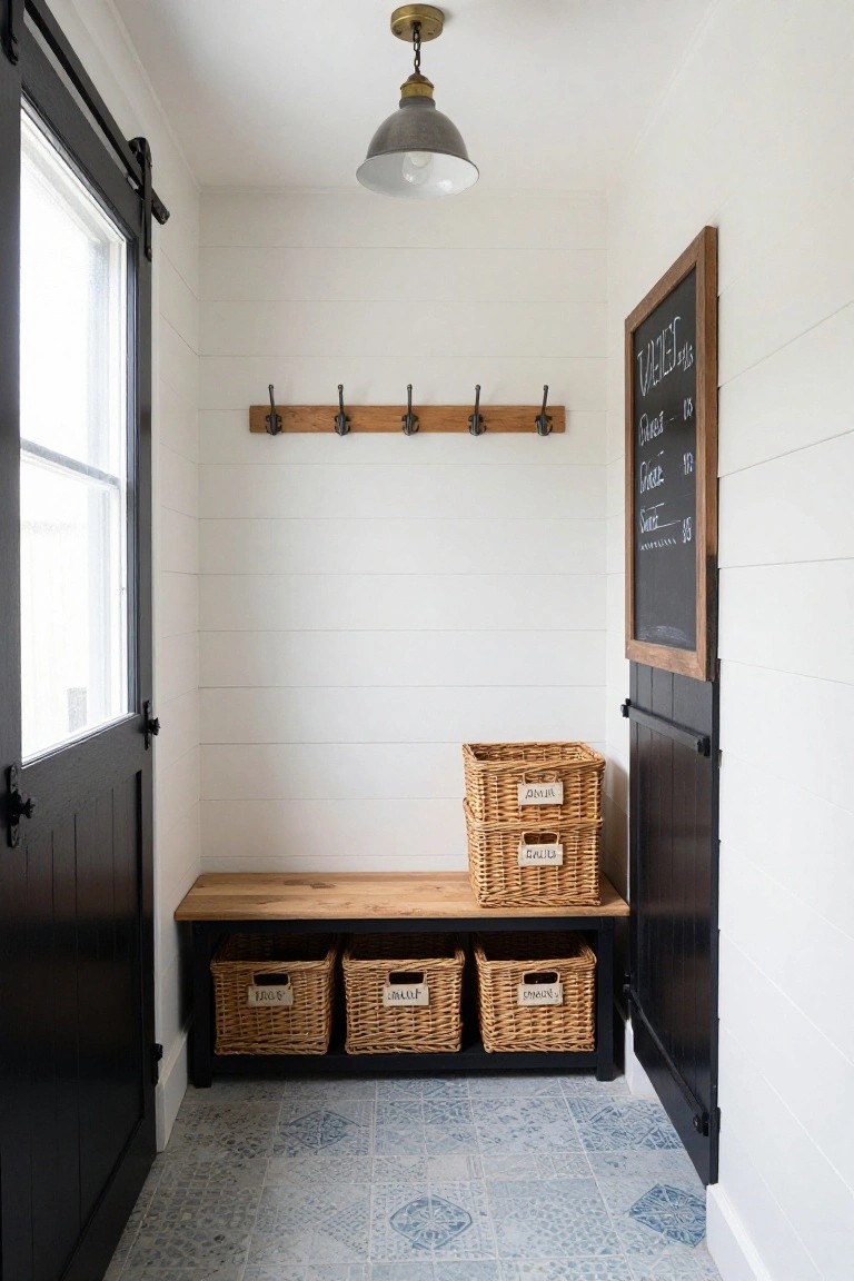 A narrow indoor mudroom with white shiplap walls, a wooden bench with three woven baskets underneath, wooden wall hooks above the bench, a framed chalkboard listing groceries, black sliding barn doors, and blue patterned tile floor.