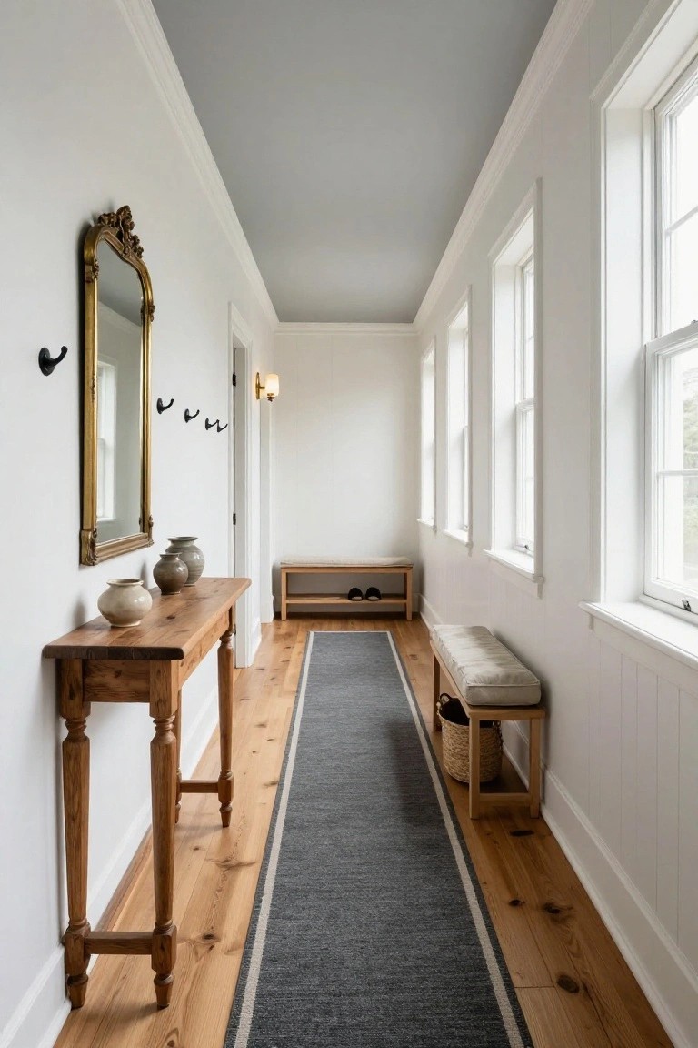 Long narrow interior hallway with white paneled walls, gray sloped ceiling, antique gold mirror with black hooks on one wall, wooden console table with two ceramic vases, opposite side has wooden bench with shoe shelf and basket, gray runner rug on light wood floors, three windows along the far wall.