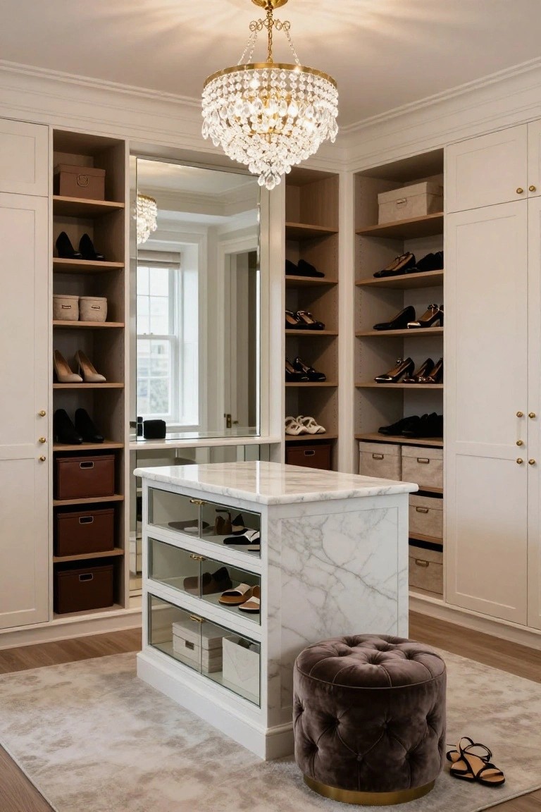 Walk-in closet with white built-in cabinets and shelves displaying shoes, a central white island topped with marble and featuring glass-fronted lower shelves with shoes and boxes, a purple velvet stool, beige rug, and crystal chandelier overhead.