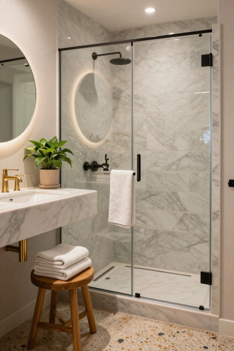 Modern bathroom with floating white marble vanity, gold faucet, potted green plant, stack of white towels on wooden stool, and frameless glass shower enclosure with marble tiles and rain showerhead.