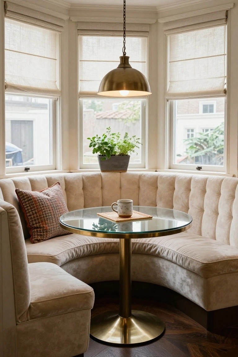 Curved cream tufted banquette seating around a brass-based round glass table in a bay window, with linen shades, brass pendant light, potted herb plant on sill, and patterned pillow.