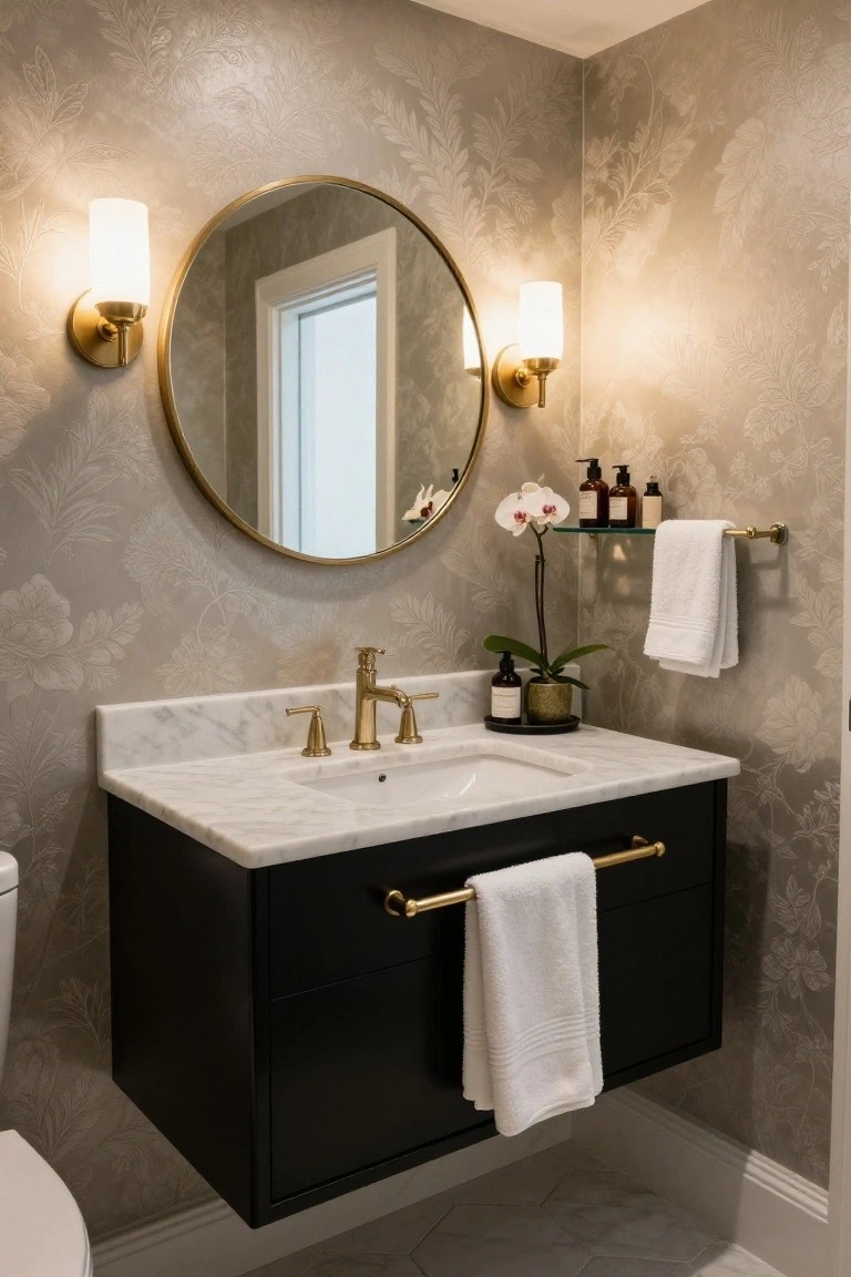 Powder room with gray botanical wallpaper, round gold-framed mirror, floating black vanity topped with white marble sink and gold faucet, orchids on shelf, white towels, and white toilet on hexagonal tile floor.