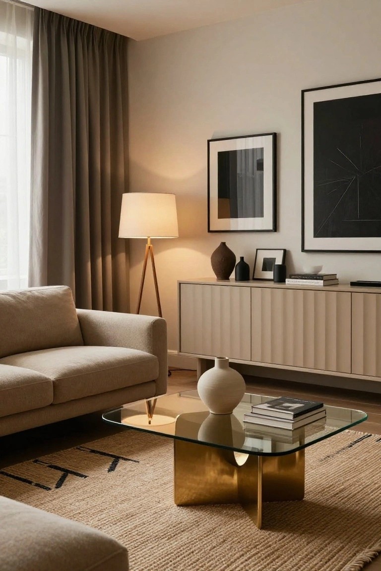 A neutral-toned living room with beige sofa, glass coffee table on brass base, wooden credenza topped with vases and books, tripod floor lamp, and black-framed abstract art beside large windows with sheer curtains.