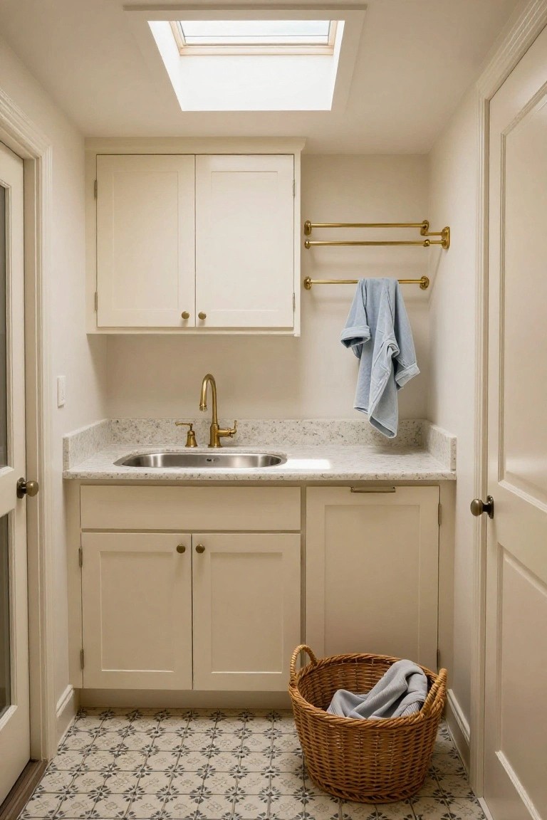 Small interior laundry room with white shaker-style cabinets above and below a stainless steel sink, gold gooseneck faucet, gold towel bar holding a blue towel, wicker basket with laundry on the floor, patterned tile flooring, and skylight in the ceiling.