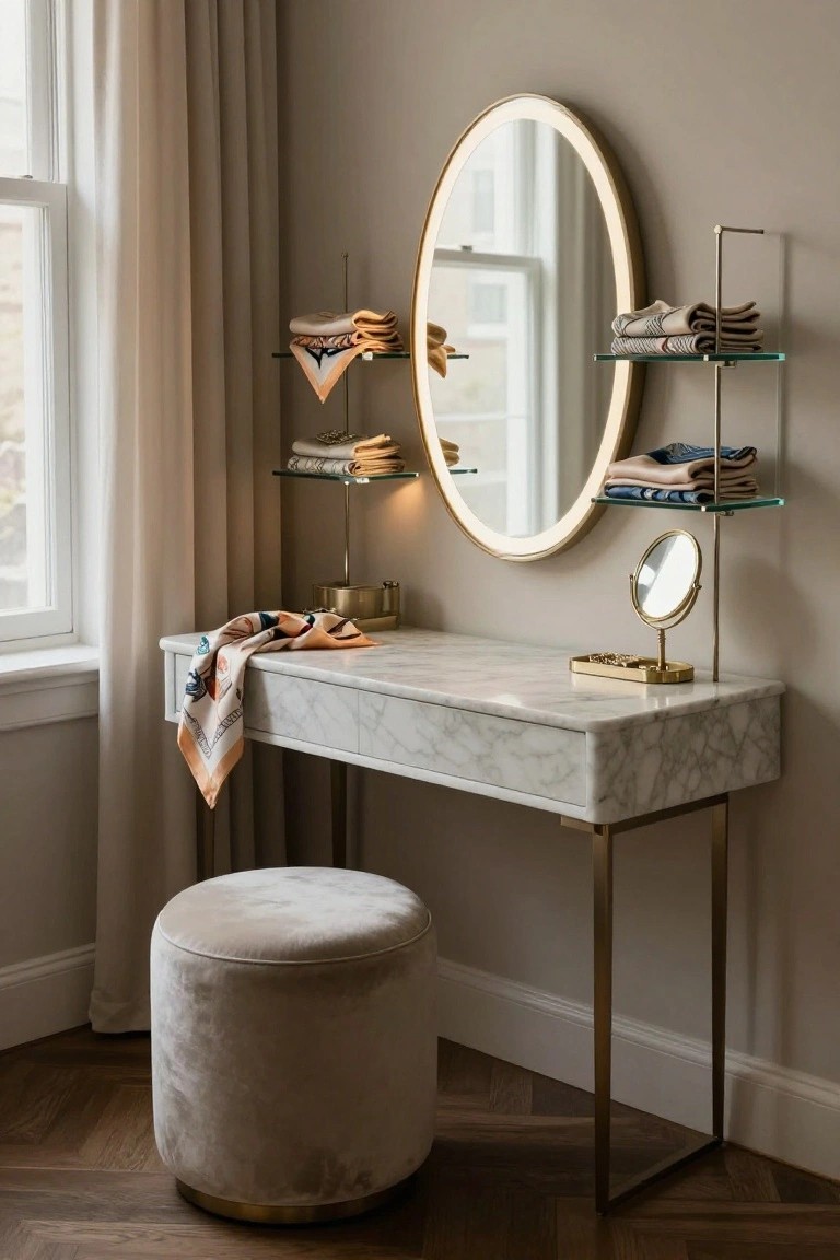 Beige corner room with white marble vanity desk on brass legs, round backlit wall mirror, floating glass shelves holding folded scarves and fabrics, small table-top mirror, gold jewelry tray, cream velvet pouf stool, sheer window curtains, and parquet wood floor.