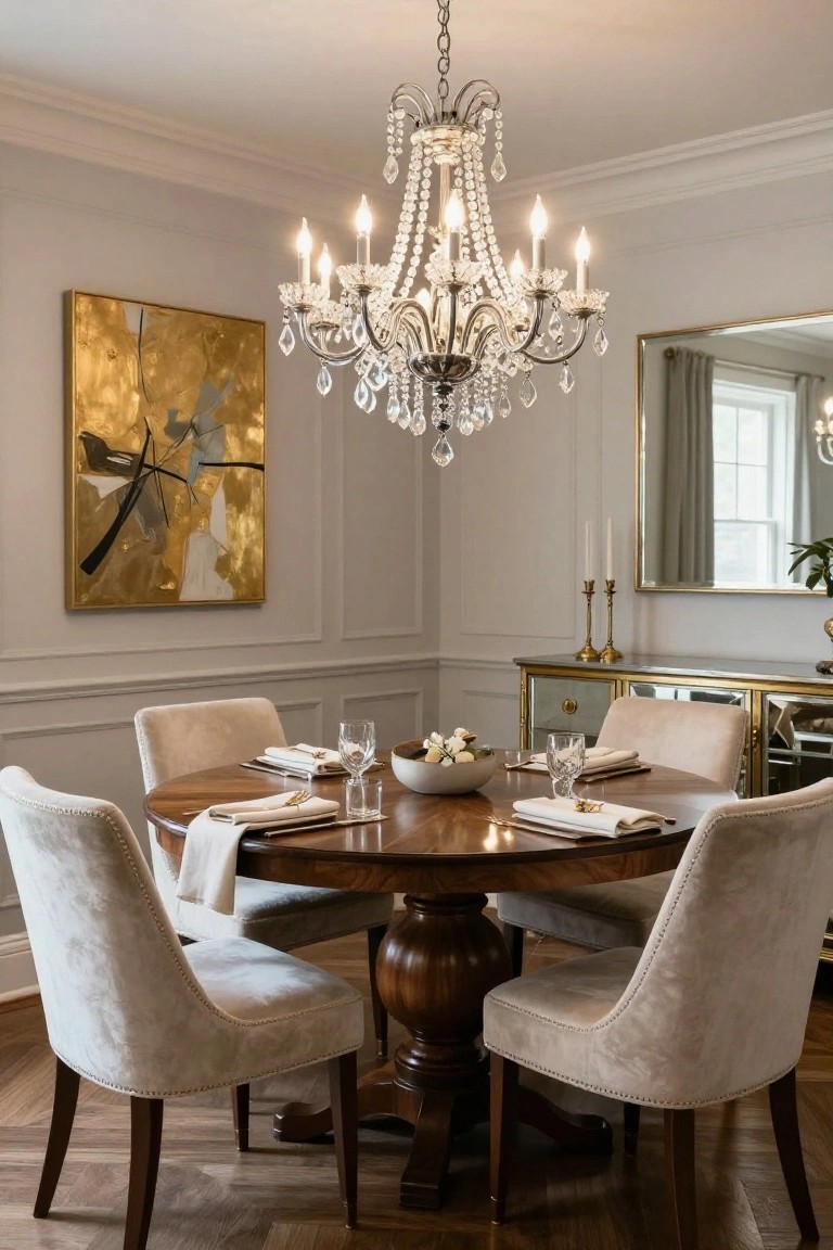 A formal dining room with gray paneled walls, a sparkling multi-arm crystal chandelier over a round wooden pedestal table set for four with beige upholstered chairs, gold-framed abstract artwork, a mirrored buffet, and hardwood floors.