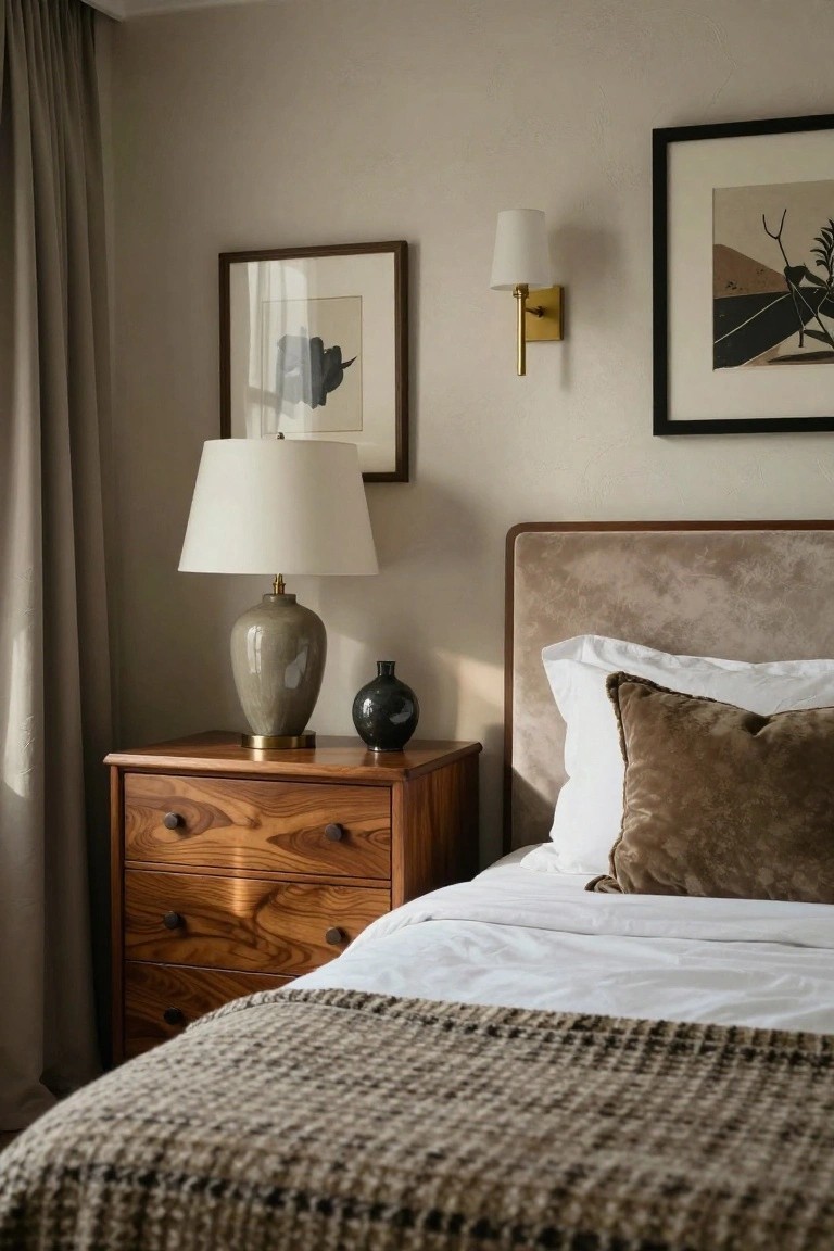 Bedroom corner with low wooden four-drawer dresser as nightstand holding tall greige ceramic lamp and small black vase, beside beige upholstered bedhead with white sheets, brown velvet pillow, textured throw, framed abstract artwork, wall sconce, and beige curtains.