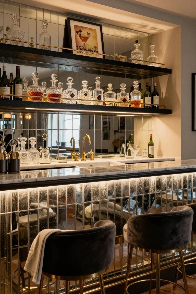 A home bar with black wood shelves holding glass decanters and liquor bottles, white marble countertop, brass faucet and sink, subway-style mirrored tile backsplash, and two gray velvet bar stools with gold legs.