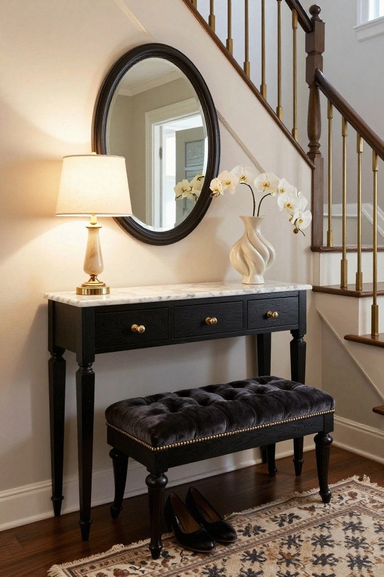 Black wood console table with white marble top and two drawers, gold-based lamp, white vase of white orchids, oval black-framed mirror, purple velvet tufted bench with black wood frame, and pair of black high-heel shoes on beige carpeted floor next to wooden staircase with brass railings.