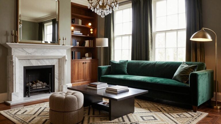 A formal living room with emerald green velvet sofas and ottoman around a glass coffee table, white marble fireplace, wood bookshelves, brass chandelier, and pale green walls with heavy drapes.