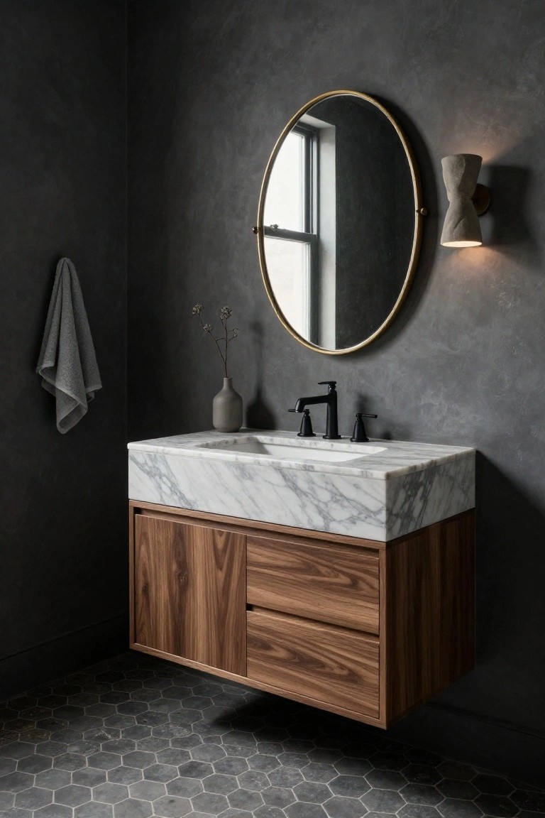 A bathroom with dark gray textured walls, a floating walnut wood vanity topped with white marble and a white sink, black faucet, gray towel hanging nearby, round gold-framed mirror, sculptural wall sconce, small vase with dried flowers, and dark hexagonal floor tiles.