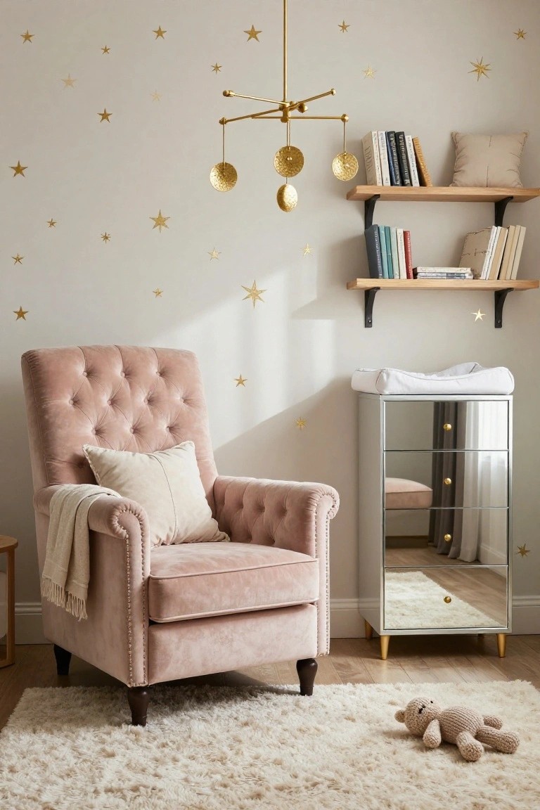 A nursery with beige walls covered in gold star decals, a gold mobile hanging from the ceiling, wooden shelves holding books and pillows, a pink velvet tufted armchair with a throw blanket and pillow, a white changing pad on a mirrored dresser, and a teddy bear on a cream shag rug.