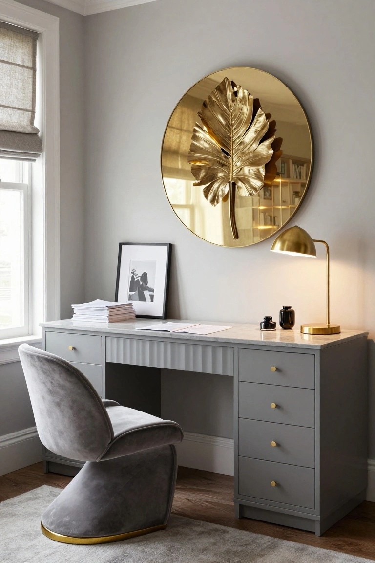 A corner home office with a light gray fluted desk topped in white marble, gray velvet curved swivel chair with gold base, gold desk lamp, stack of papers, black and white framed art, and large round gold leaf mirror on a pale gray wall next to a window with linen blinds.
