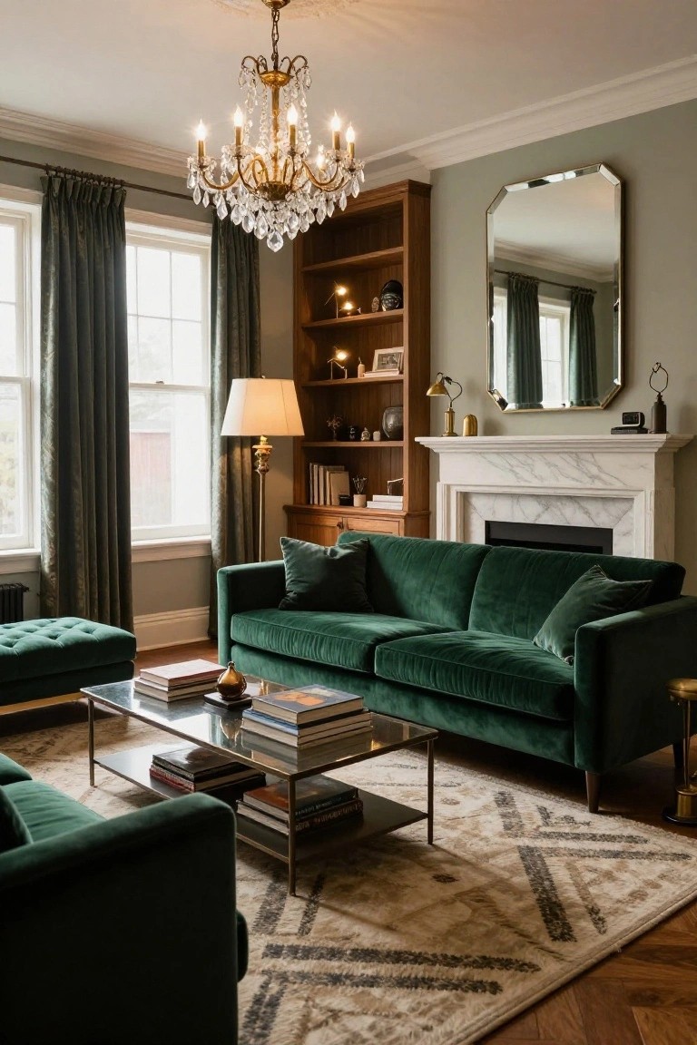 A formal living room with emerald green velvet sofas and ottoman around a glass coffee table, white marble fireplace, wood bookshelves, brass chandelier, and pale green walls with heavy drapes.