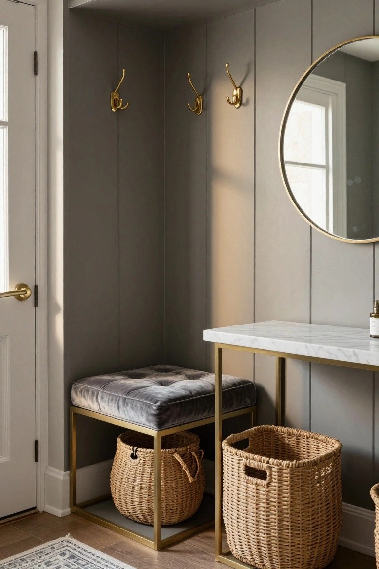 Small interior alcove with gray vertical plank walls, gold coat hooks, round gold mirror, white marble console table on gold legs holding a lotion bottle, gray tufted velvet stool, two wicker baskets underneath, and white doors nearby on hardwood floor with rug.