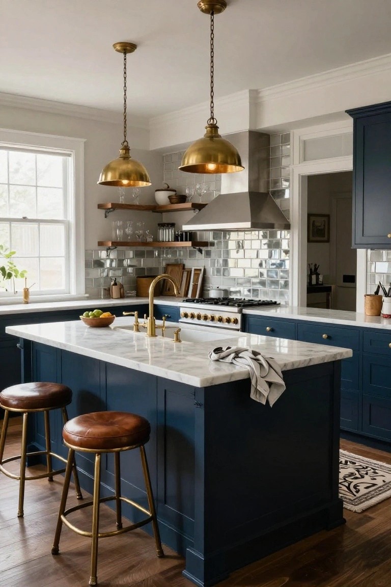 A kitchen interior with navy blue lower cabinets on a center island topped by white marble, two brown leather bar stools, gold pendant lights above, a stainless steel range with gold knobs, and glass-front upper cabinets.
