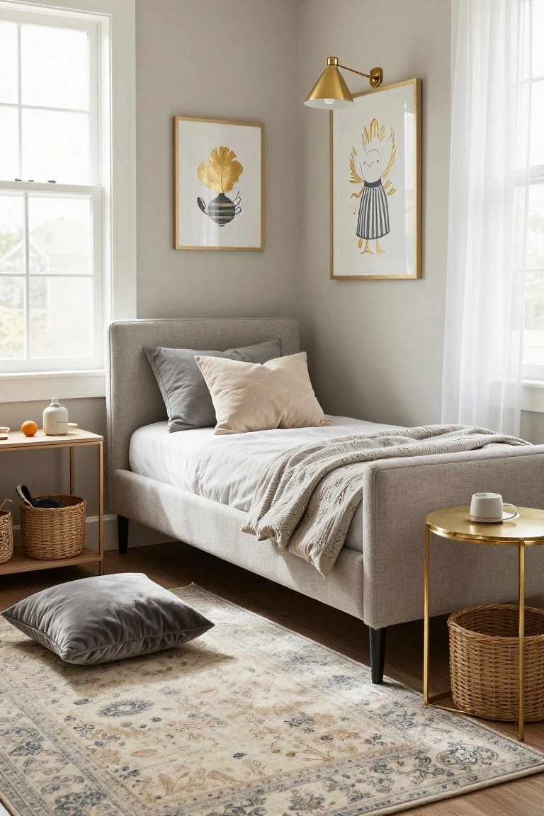 Corner of a light gray bedroom with tufted gray upholstered bed, gray and beige pillows, white duvet with gray throw, gold side table holding a cup, wicker baskets, framed abstract art, brass wall lamp, sheer curtains, and patterned rug.