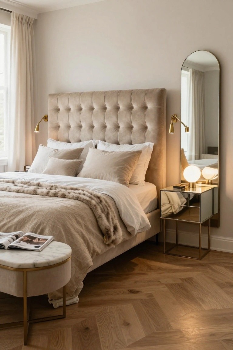 A bedroom with a beige tufted velvet headboard flanked by brass swing-arm wall sconces, a bed covered in white sheets, cream pillows, and a light brown fur throw, next to a gold-trimmed mirrored nightstand and tall arched mirror on herringbone-patterned wood floors.