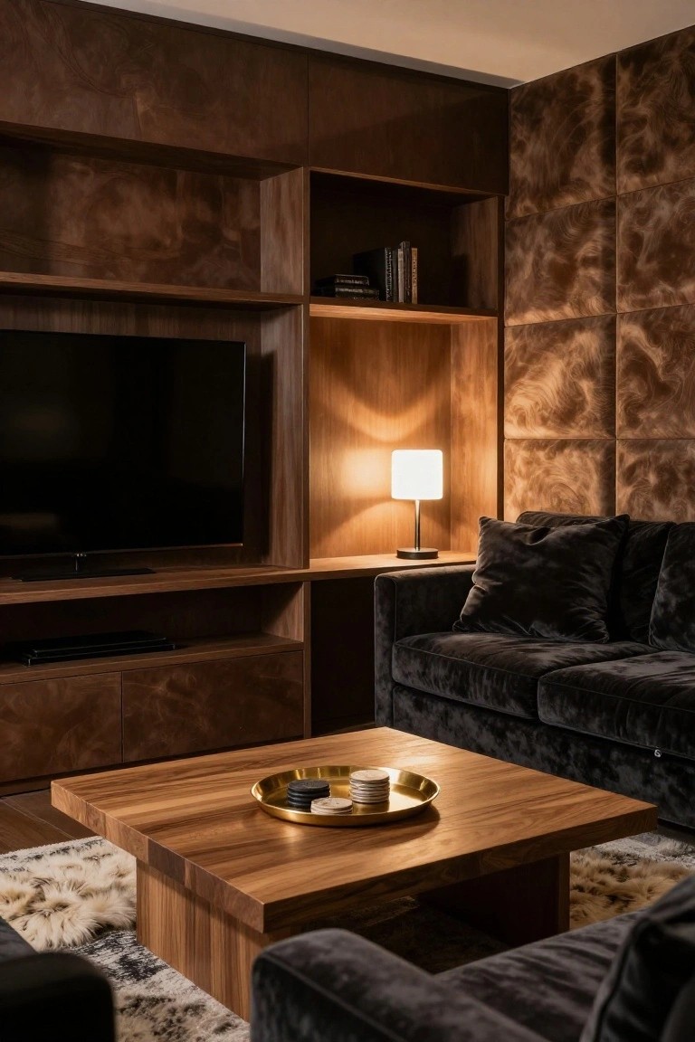 Dark wood-paneled room interior featuring built-in TV cabinetry with shelves, a black velvet sofa, wooden coffee table with gold tray and black discs, and a white lamp on a shelf.