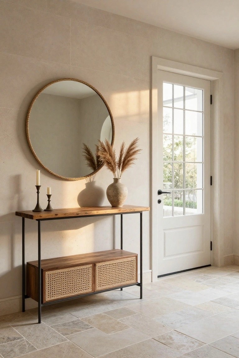 Wood-topped black metal console table with rattan-fronted cabinets in a light beige tiled foyer, large rattan-edged round mirror above, pampas grass in two vases, two candles on the table, and white door with multiple windows beside it.