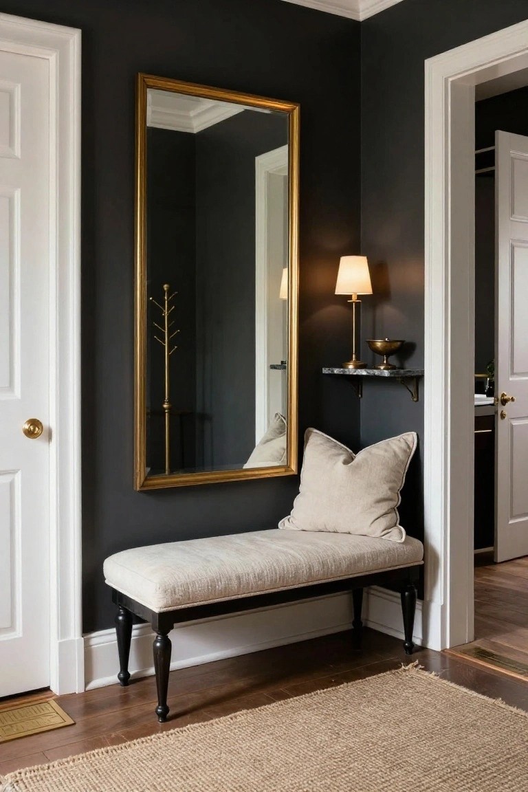 A corner of a dark gray entryway with white doors, a tall gold-framed mirror, a gold coat stand, a beige upholstered bench with pillow, and a wall shelf holding a lamp and bowl over hardwood floors and seagrass rug.