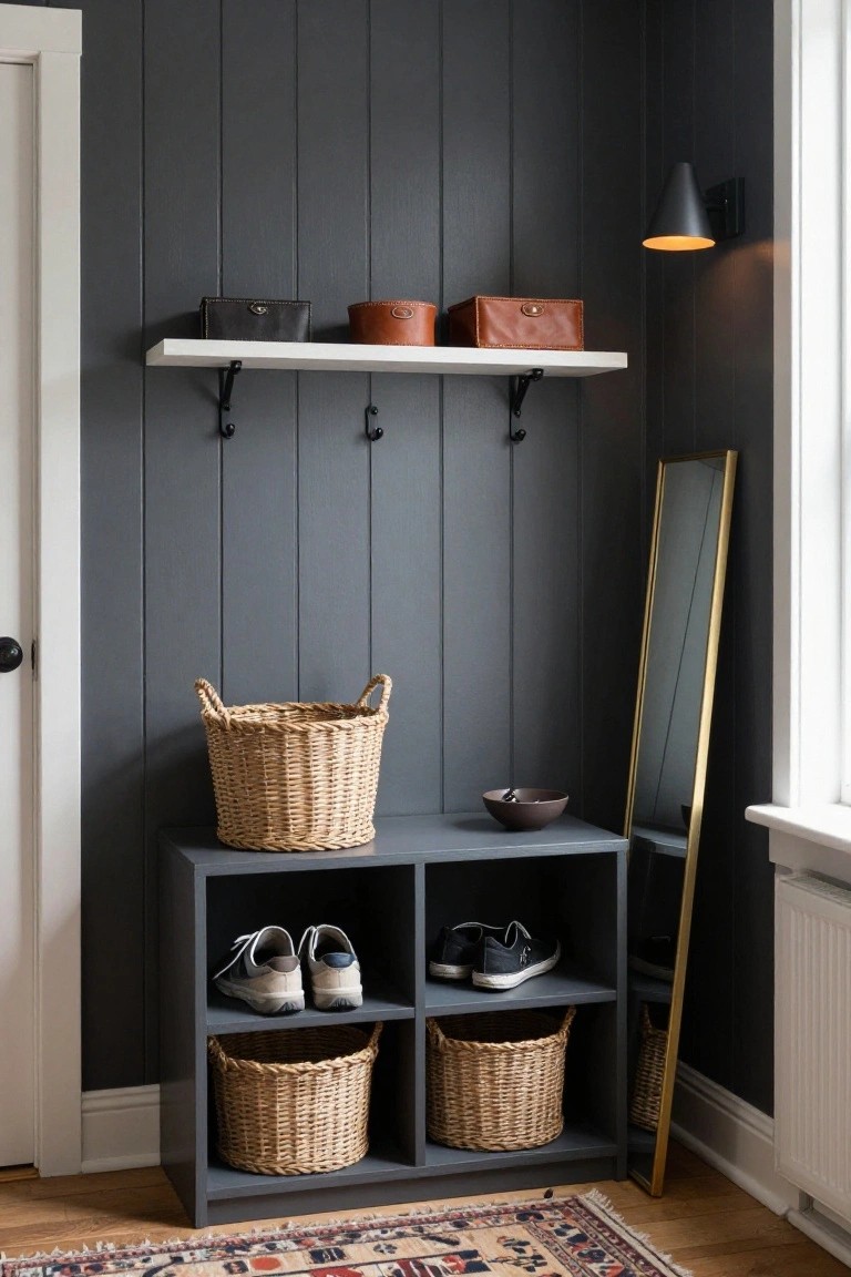 Corner entryway with dark gray vertical plank walls, white floating shelf holding leather bags and baskets, black wall hooks, gray low cabinet with shoes on upper shelves and wicker baskets in lower cubbies, tall gold-framed mirror, black wall sconce, wicker basket on floor, and patterned rug on wood flooring.