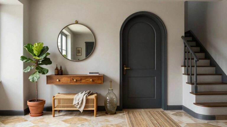 Foyer interior with tall black arched door next to a window, wooden console table holding a vase, fiddle leaf fig plant in terracotta pot, rattan bench with linen throw, round mirror, brass pendant light, woven rug, and adjacent staircase on beige tiled floor.