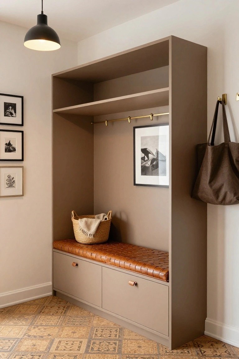Tall beige built-in cabinet in a foyer with open upper shelves, brass coat hooks, lower cushioned bench with two drawers, wicker basket and folded towel on bench, brown tote bag hanging from hook, and four framed black-and-white prints on white walls above parquet-style floor tiles.
