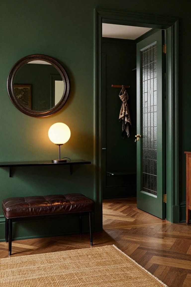 Foyer with deep green walls, brown leather bench on legs, white globe lamp on black shelf, round wood mirror, tan scarf on hook, and open green door with textured glass over parquet wood floor.