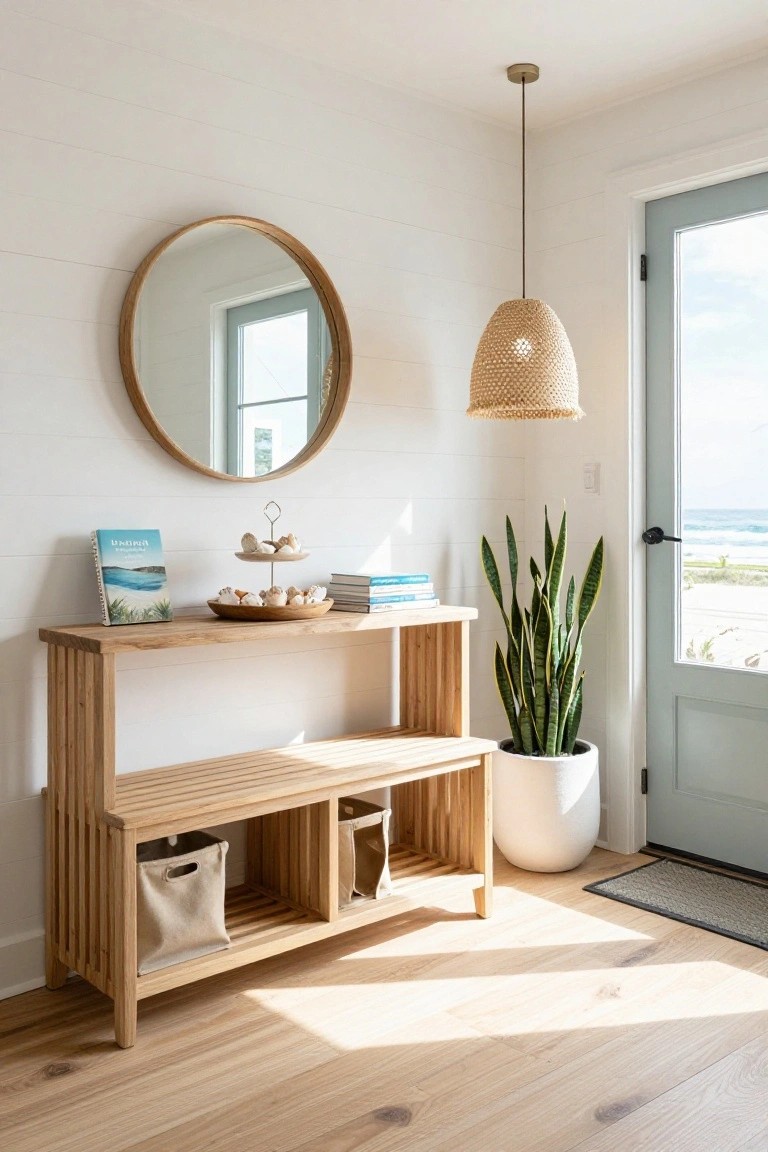 A light entryway with white shiplap walls holds a slatted wooden console table with bench seating, canvas baskets in cubbies, seashell displays, books, a snake plant in a white pot, round wooden mirror, and a teal door open to the ocean.